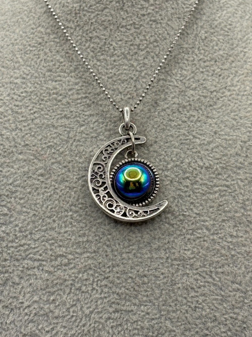 Crescent Moon Necklace with Iridescent Blue Accent